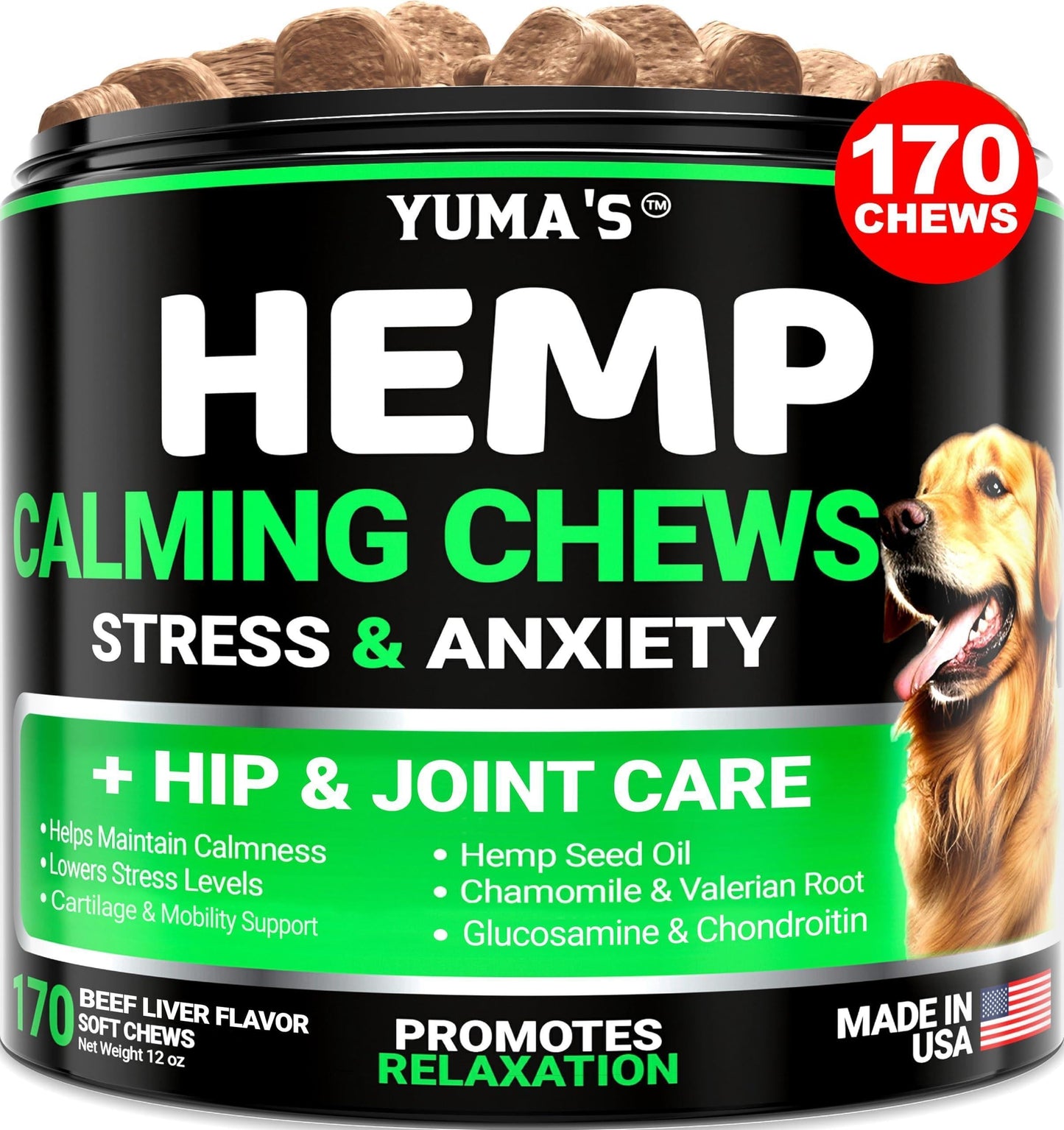 Hemp Calming Chews for Dogs Advanced Dog Calming Chews 170 Treats Anxiety Relief Treats Hemp Oil Separation Aid Stress Hip and Joint Supplement for Canine Health Support Beef Flavor