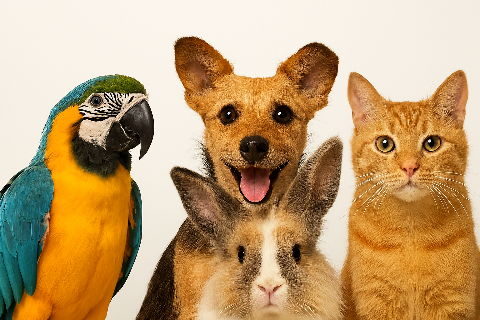 Cat, dog, rabbit, and parrot together on a white background
